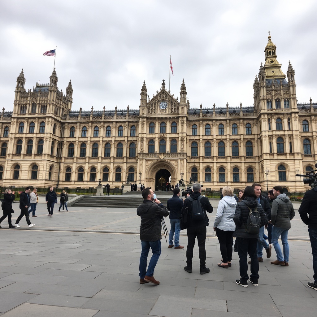 UK Parliament building with reporters and cameras
