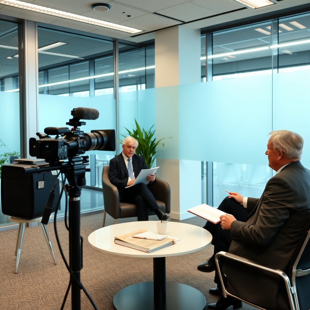 Journalist interviewing a policymaker in an office