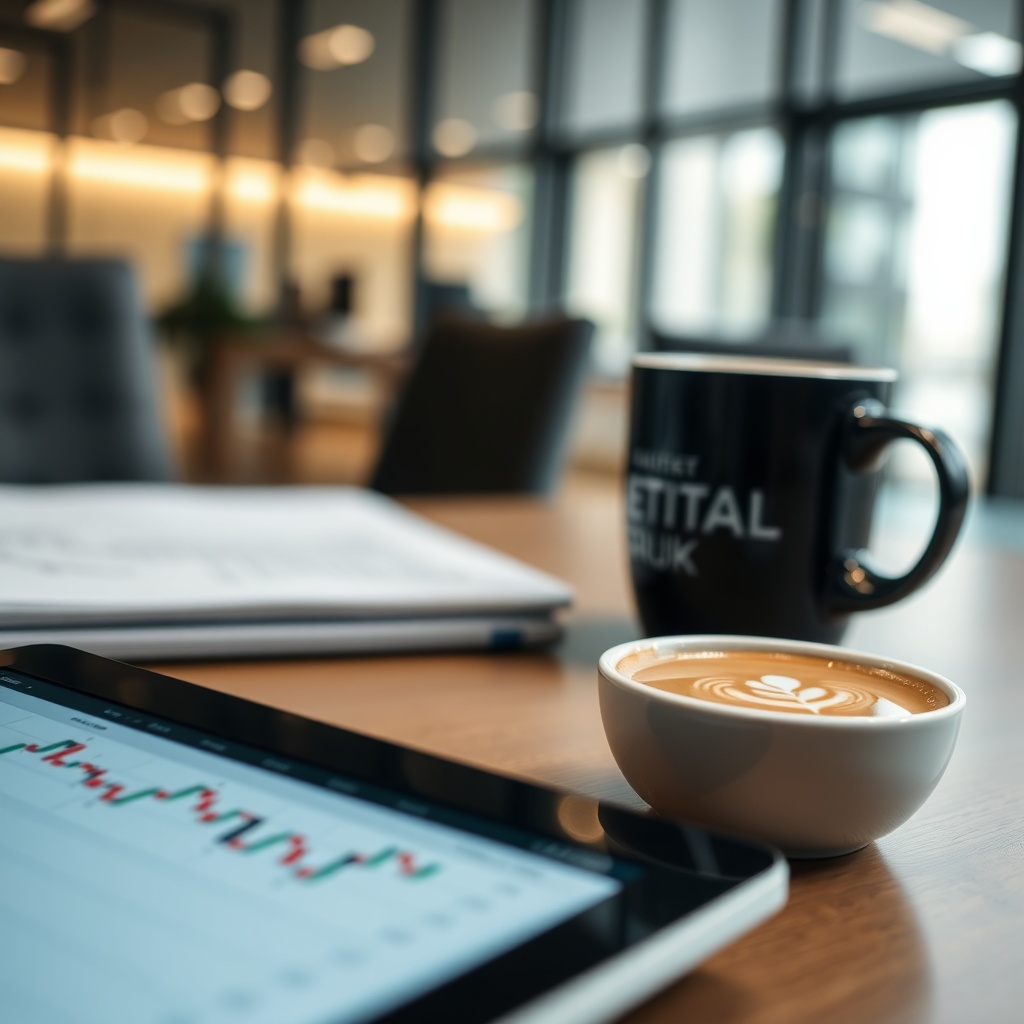 Tablet showing financial charts on a desk